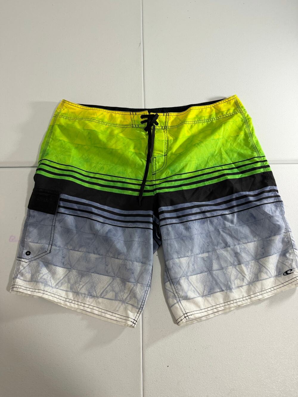 O'Neill Board Shorts Mens 42 Neon Yellow Green Gray Ombre Stripe Swim Trunks